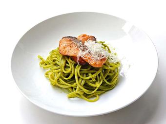 Salmon with Basil Pesto Pasta